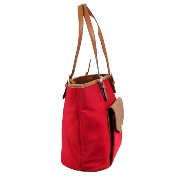 MICHAEL KORS RED NYLON CANVAS TAN BROWN GENUINE LEATHER TRIM TOTE SHOULDER BAG - Picture 2 of 14